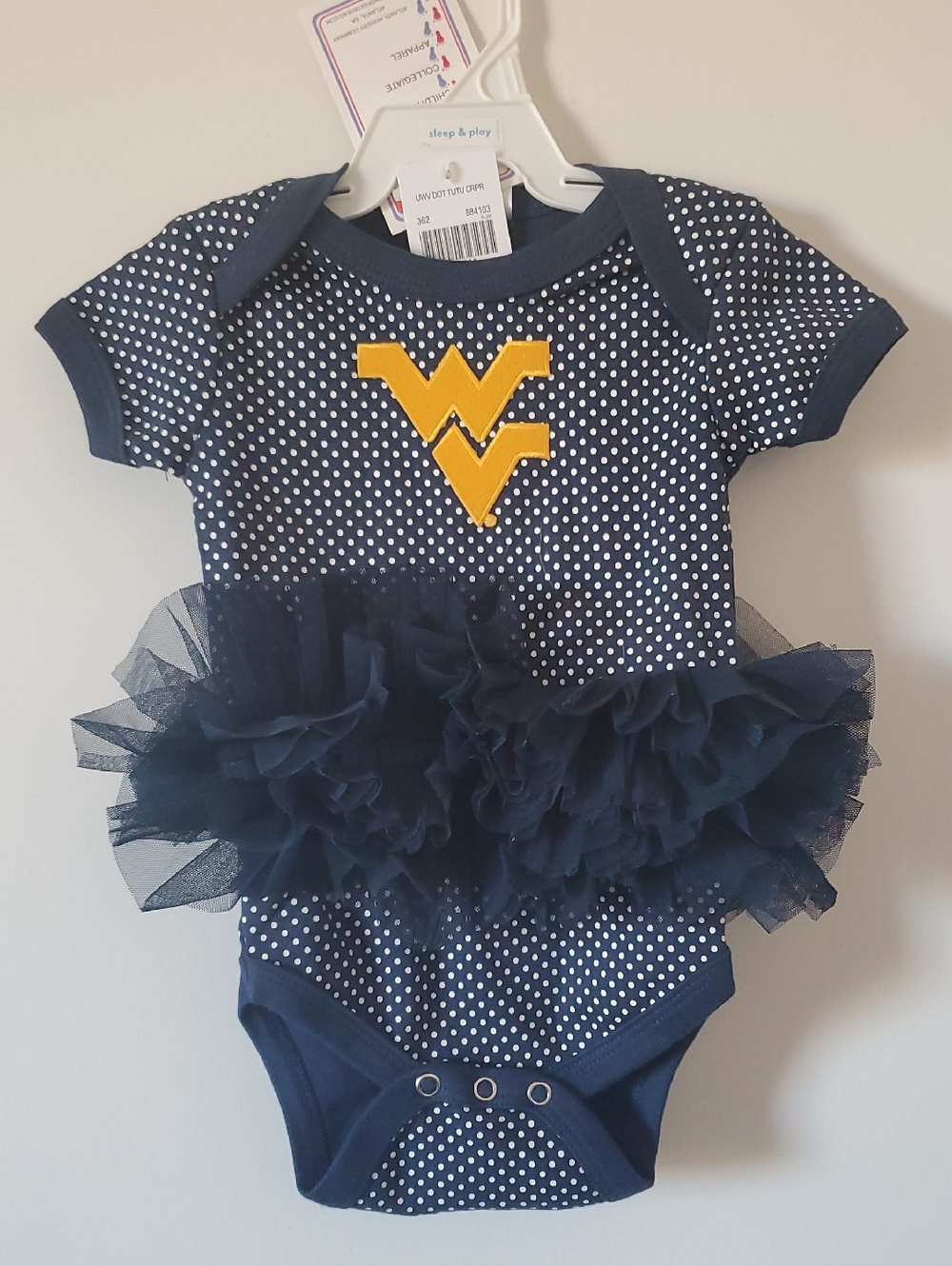 NWT West Virginia Navy Polka Dot Baby Tutu Onesie with Gold WV Logo Size 6 Month